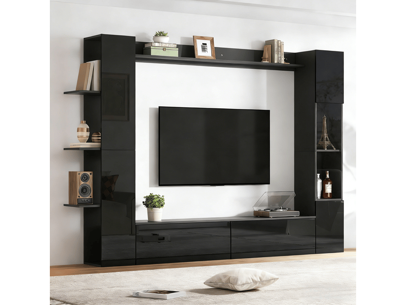  Meuble tv mural tcqpz 245 x 30 x 170 cm en mdf noir, rangements ouverts et fermés, finition haute brillance  - Conforama E