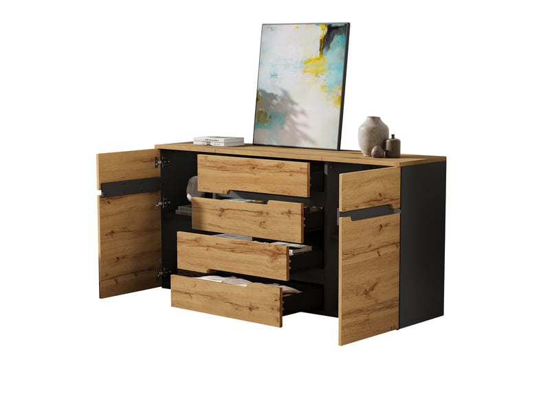 Buffet salon 160 cm noir et bois 2 portes 4 tiroirs - Conforama R