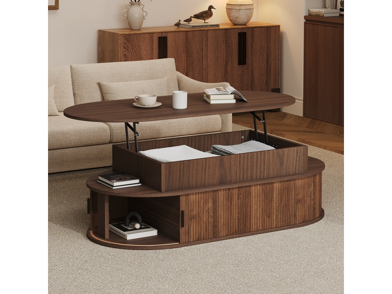  Table basse ovale relevable 100x50x40 cm effet noyer avec rangement  - Conforama D