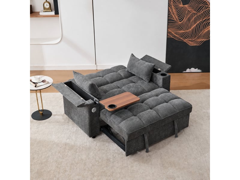  Canapé convertible 3 en 1 deux places, dossier réglable, usb et table escamotable, gris  - Conforama D