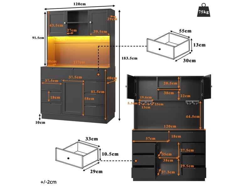  Buffet de cuisine 120 x 40 x 183 cm éclairage led intelligent 8 tiroirs fermeture magnétique étagères réglables en hauteur noir  - Conforama C