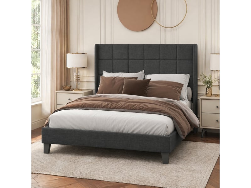  Lit double gris en lin avec sommier à lattes et matelas à ressorts 140 x 200 cm  - Conforama C