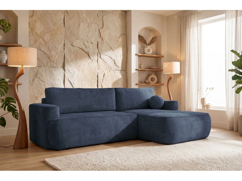  Canapé d'angle droit cassis avec coffre de rangement en tissu chenille - bleu foncé CASSIS - Conforama B