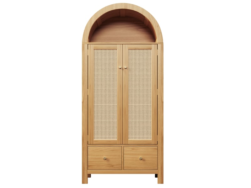 Armoire 181x78x45 cm - penderie 2 portes avec cannage rotin, 2 tiroirs, étagère ouverte, style campagne, effet chêne - Conforama A