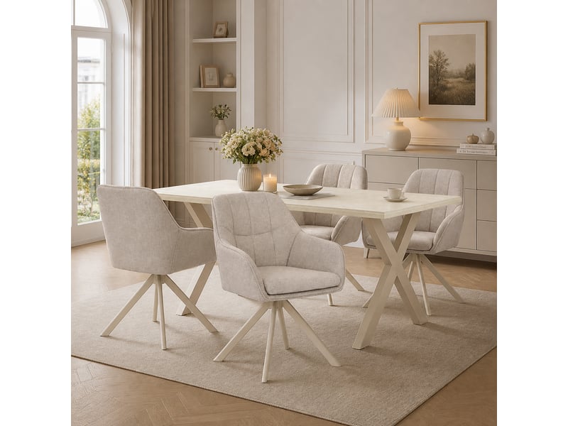  Ensemble table et 4 chaises - table rectangulaire 160x80 cm monobloc en travertin et pieds métal, 4 chaises en tissu beige et pieds en métal blanc  - Conforama B