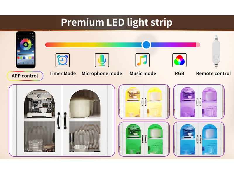  Desserte de cuisine extensible avec 2 tiroirs, portes vitrées et led, en mdf blanc pour cuisine 126–196×59×94 cm  - Conforama E