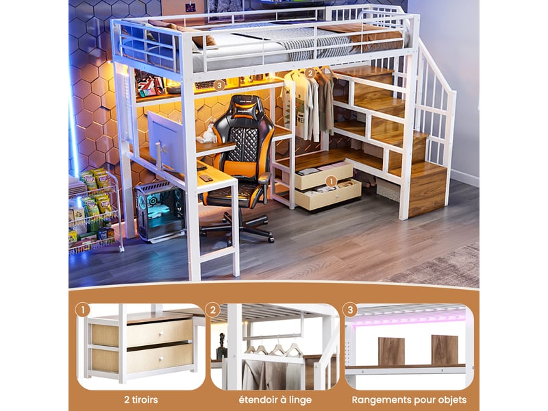  Lit mezzanine 90x200cm avec bande led,escalier avec rangement,fer lit superposé simple avec 2 tiroirs et grille,sans matelas,blanc CARDUME ESTIVAL - Conforama D