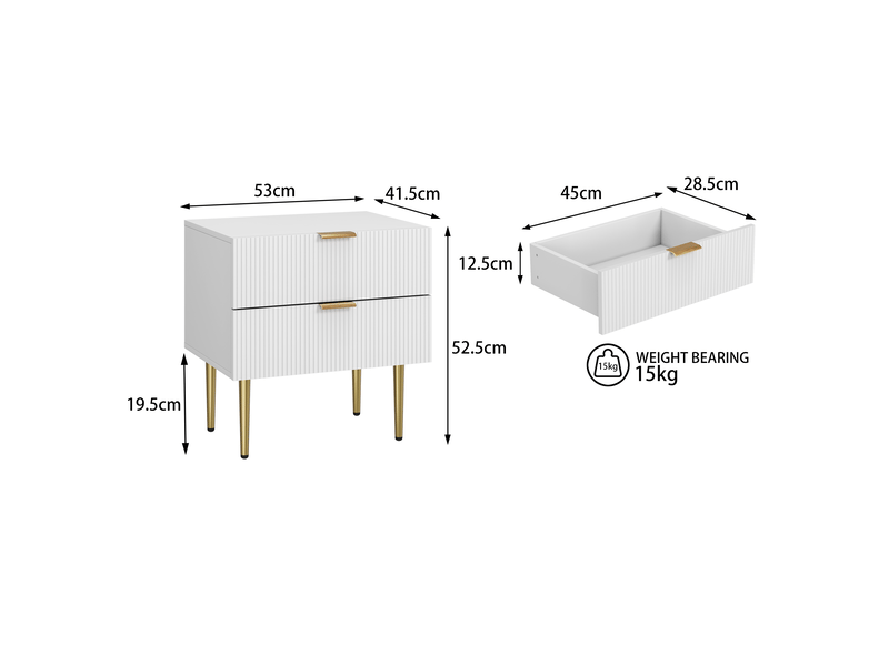  Table de chevet 53x41,5x52,5 cm, 2 tiroirs, chevet chambre moderne, meuble nuit, pieds métal, rangement, mdf, blanc  - Conforama C