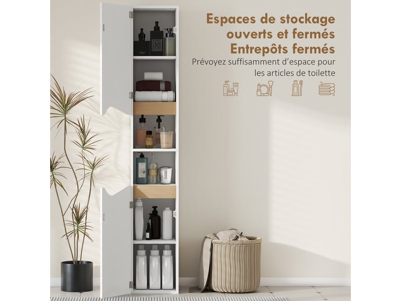 Meuble colonne salle de bain étroit, 2 portes, compartiments ouverts, 30 x 34,6 x 180,5 cm, étagères réglables, blanc  - Conforama A