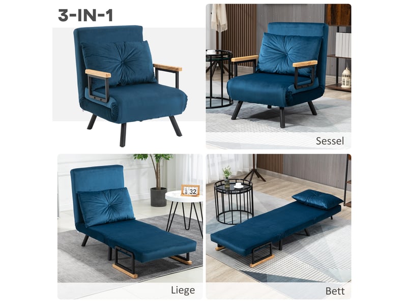 Fauteuil convertible avec dossier inclinable et fonction lit, en velours polyester bleu 63 × 73 × 81 cm - Conforama D