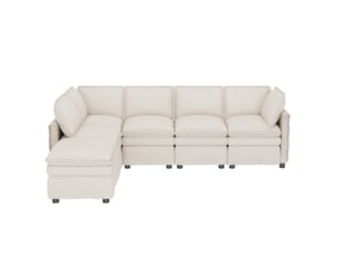 Canapé modulable xxl, tissu chenille beige avec fonction couchage, canapé d'angle 6 places modulable en u ou l pour grand salon.