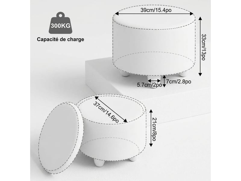  Pouf de rangement rond gris foncé avec plateau en bois, repose-pieds, 39x39x33 cm  - Conforama C