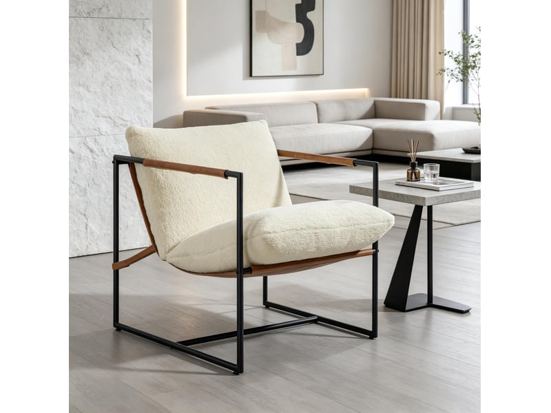  Fauteuil de salon avec grande assise rembourrée et structure en acier carbone, tissu bouclette crème 77 × 91 × 80 cm  - Conforama C