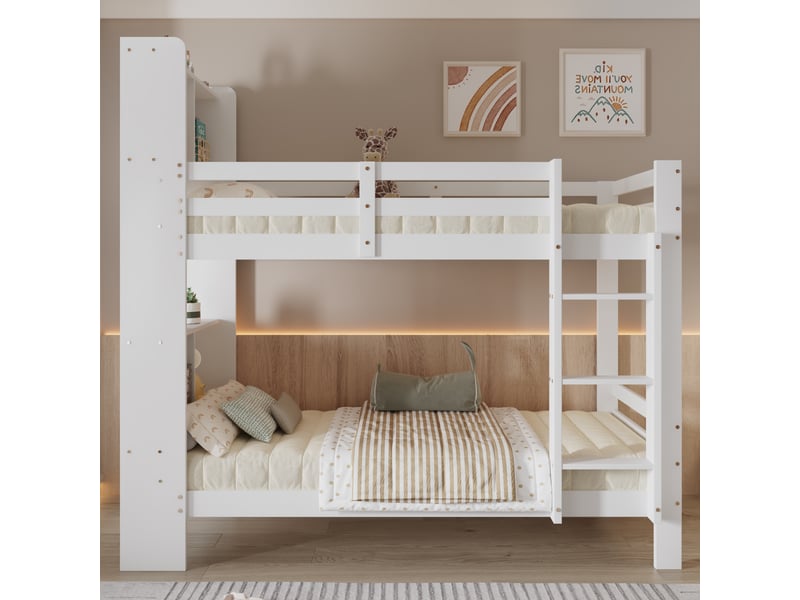 Lit superposé enfant 90x200 cm, lit bois avec étagères et rangement pratique, escalier droit 3 marches - blanc - sans matelas  - Conforama C