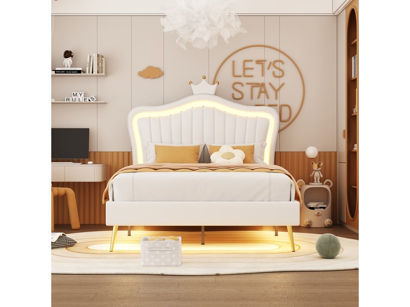  Lit enfant rembourré 90 x 200 cm avec led, tête de lit coquillage et couronne, similicuir blanc Fay Lum - Conforama E
