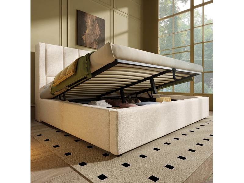  Lit double avec rangement hydraulique 160 x 200 cm en lin beige avec sommier à lattes  - Conforama C