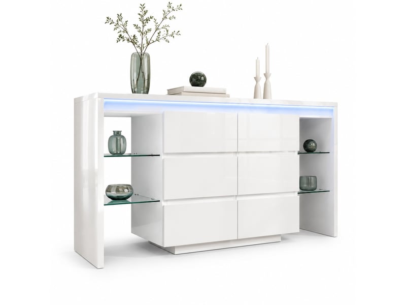 Buffet modenvie blanc brillant 155 x 40 x 80 cm avec 6 tiroirs, étagères en verre et éclairage led multicolore  - Conforama A