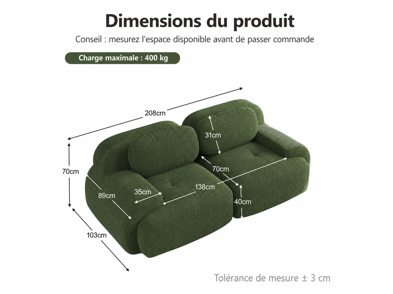 Canapé modulable 2 places 208 x 103 x 75 cm, mousse 32d, sans montage, accoudoirs courbés, base antidérapante, velours côtelé vert Sol Morn - Conforama C