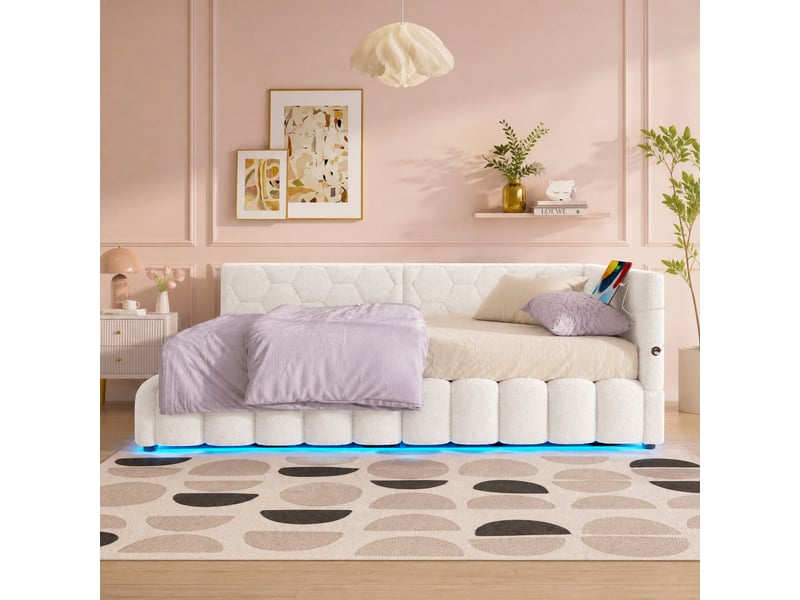  Lit banquette coffre 90x200 cm blanc avec led, usb et type-c, sans matelas  - Conforama B