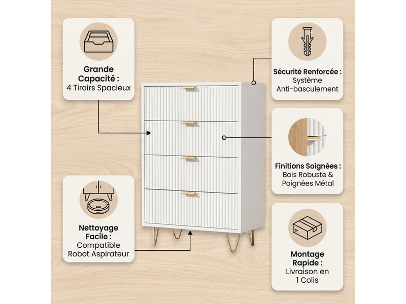  Commode chambre, commode blanche 60 cm, 4 tiroirs, meuble de rangement avec façades texturées et pieds dorés, style moderne, blanc  - Conforama C