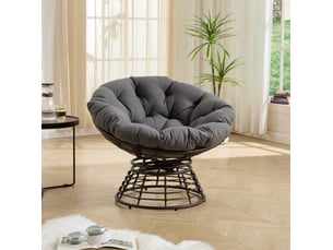 Fauteuil papasan pivotant 360° en résine tressée gris et marron, coussin épais, pour intérieur et extérieur