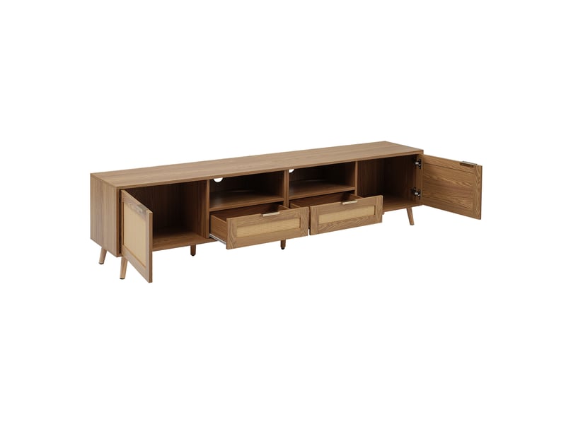  Meuble tv rotin 200 cm avec 2 portes et 2 tiroirs - pieds en bois massif - style rustique moderne  - Conforama W