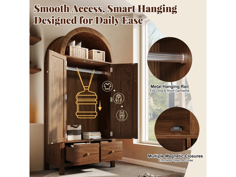 Vestiaire entrée 181cm, armoire avec portes courbées, tringle à vêtements et tiroirs, marron - Conforama E