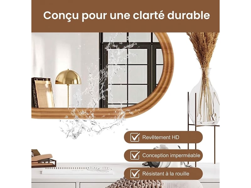 Miroir de salle de bain ovale mural 40 x 60 cm en verre trempé hd – miroir suspendu anti-buée, étanche et anti-rouille avec cadre mouluré pour vasque, entrée et coiffeuse – bois naturel  - Conforama C