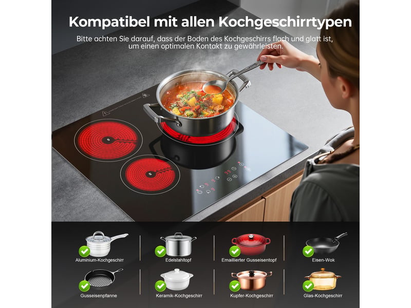  Plaque de cuisson vitrocéramique 3 foyers, table électrique encastrable 60 cm, 5400 w, commande tactile et minuterie  - Conforama W