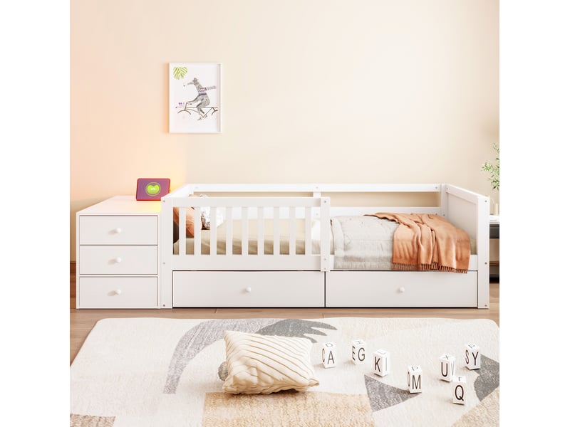  Lit enfant 90 x 200 cm blanc avec rangements, espace bureau, prise et éclairage led  - Conforama D