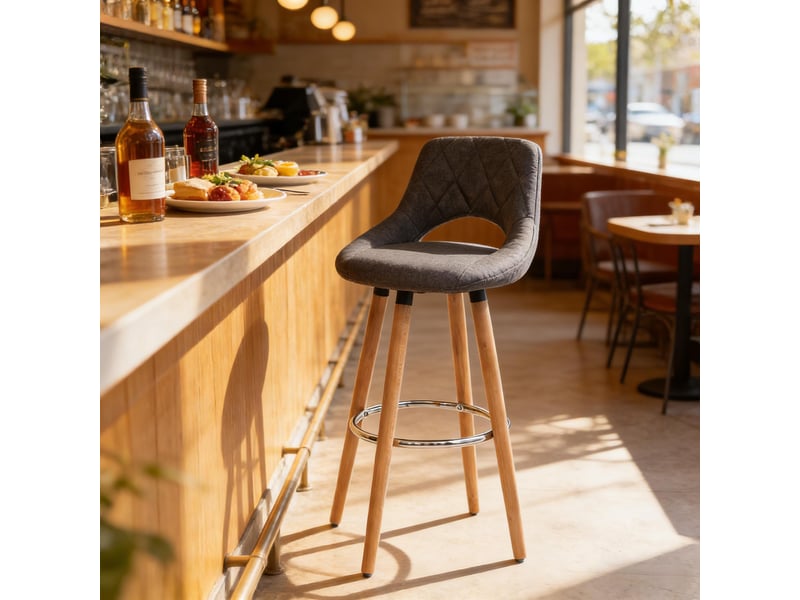 Tabouret de bar ergonomique 43x40x96cm - assise rembourrée en tissu effet lin - pieds en bois massif avec repose-pieds - gris foncé - Conforama D