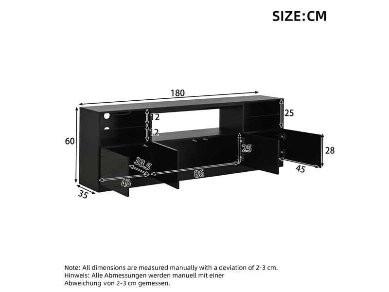 Meuble tv led 180x35x60 cm - meuble bas brillant avec 4 portes, 8 espaces de rangement ouverts, pour tv jusqu’à 75 pouces - noir - Conforama C