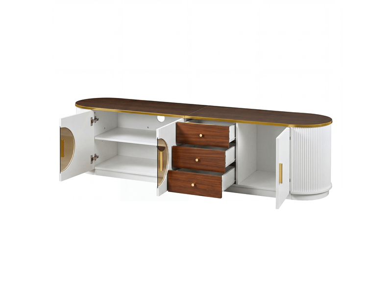  Meuble tv 180 cm au design rétro luxueux, banc tv avec bords arrondis, 3 tiroirs et portes en verre marron, idéal pour un salon moderne.  - Conforama E