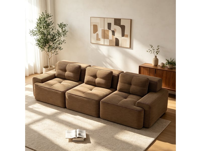  Canapé modulable 3 places effet nuage, assise profonde en velours côtelé, 69 × 293 × 104 cm, marron  - Conforama D