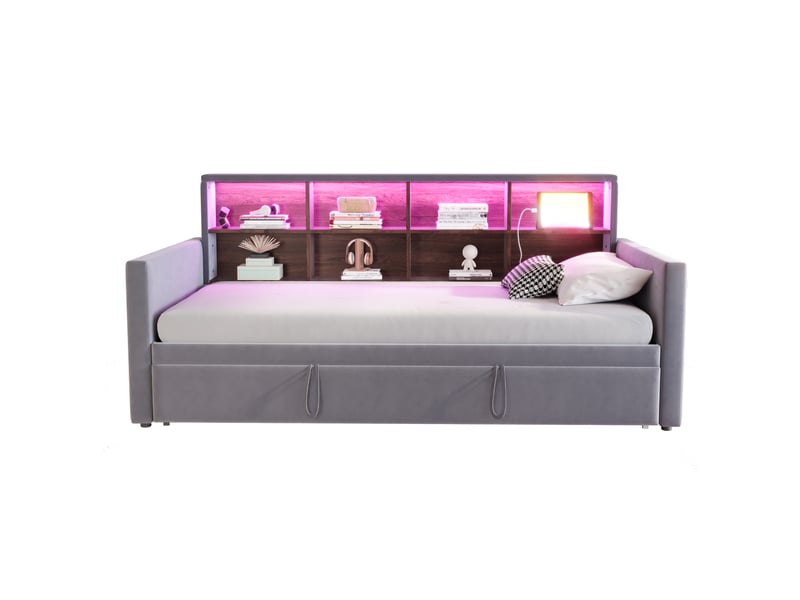 Lit banquette 90x190 cm gris foncé en velours, lit gigogne à 3 positions avec led et prises intégrées  - Conforama A