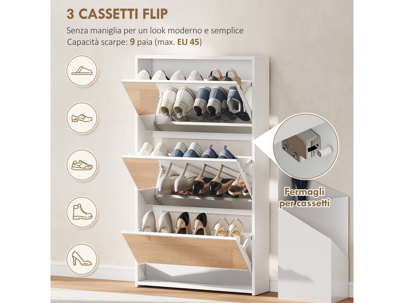  Étagère à chaussures miroir avec 3 tiroirs à abattants pour 9 paires de chaussures, en bois, 65 x 17 x 114,5 cm, blanche  - Conforama E