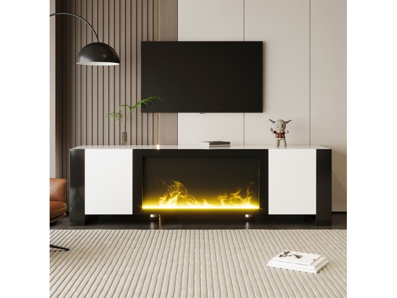  Meuble tv modenvie avec cheminée électrique décorative 165 x 32 x 55 cm blanc et noir  - Conforama D