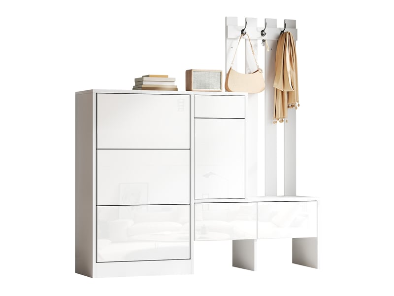  Meuble d'entrée avec 3 abattants à chaussures, 3 tiroirs, banc et patères pour couloir, mdf blanc, 160 × 35 × 160 cm  - Conforama A