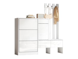 Meuble d'entrée avec 3 abattants à chaussures, 3 tiroirs, banc et patères pour couloir, mdf blanc, 160 × 35 × 160 cm