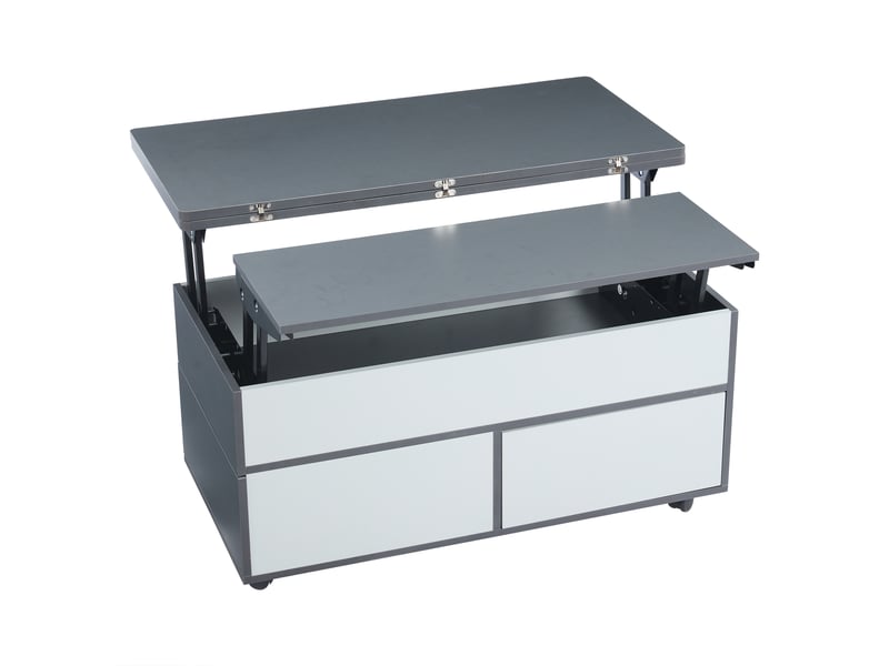  Table basse 100 x 98 x 65 cm, réglable en hauteur, avec rangement dissimulé et étagère, table de salon à roulettes et tiroirs, table à manger multifonctionnelle avec grand espace de rangement, coloris gris et blanc.  - Conforama E