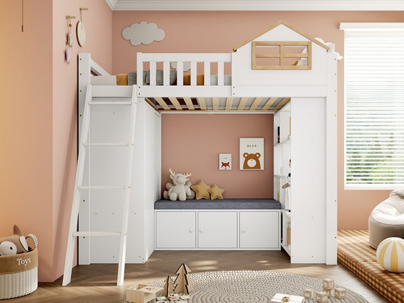Lit mezzanine 90×200 cm blanc et naturel, lit enfant en bois avec maison, échelle, armoire, étagères ouvertes et banquette avec rangement - Conforama B