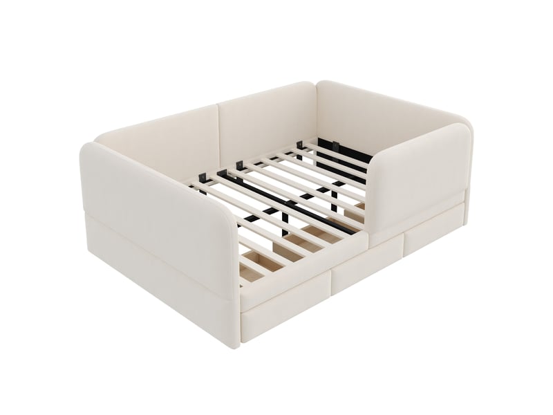 Lit enfant 140×200 cm avec garde-corps complet, tiroir de rangement et coins arrondis, beige - Conforama A