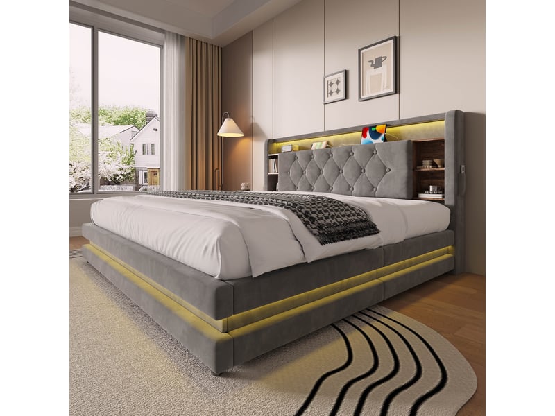  Lit coffre rembourré 160x200 cm, rangement hydraulique, tête de lit multifonction avec étagères, led, 2 usb et usb-c, velours gris foncé Radiant Stride - Conforama D