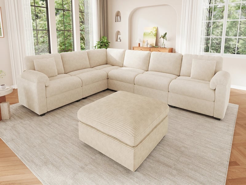 Canapé d'angle en forme de u ou de l,7 places, avec coussins et pouf séparé,274,5 x 210,5 x 85,5 cm, beige - Conforama B