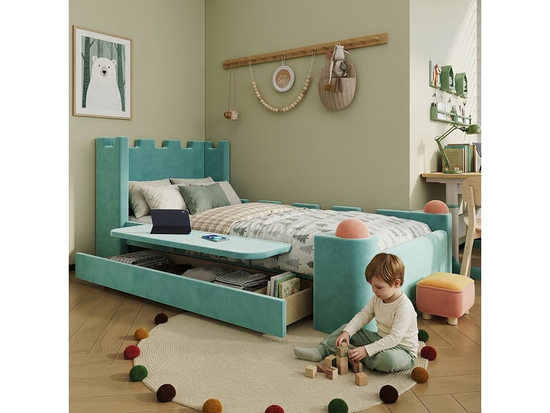  Lit simple enfant 90x200 cm, velours bleu-vert, étagère pliante, rangement et bords anti-choc  - Conforama D