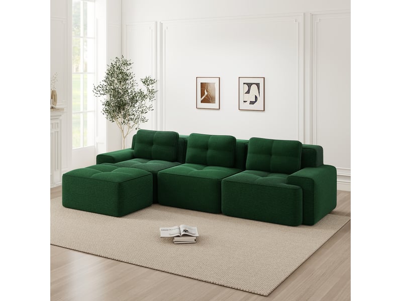 Canapé d'angle ulevr modulable 3 places avec ottoman, velours côtelé vert, 293 x 177 x 69 cm - Conforama D