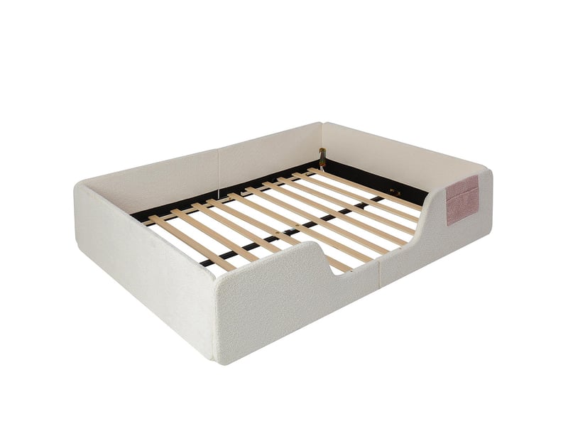  Lit enfant rembourré 140x190 cm, barrières amovibles, poche intégrée, avec sommier à lattes, tissu velours, beige, sans matelas  - Conforama E
