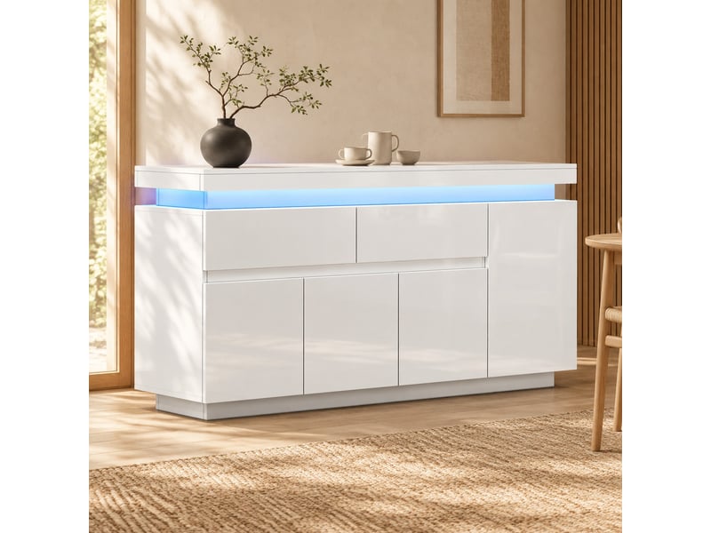  Buffet avec 4 portes, 2 tiroirs et led pour salon en panneaux de particules 140×35×72,5 cm blanc  - Conforama B