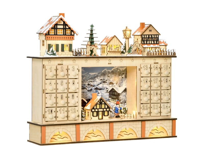  Calendrier de l'avent en bois avec 24 tiroirs à remplir, décorations de village de noël et lumières, 44 x 10 x 37 cm  - Conforama A