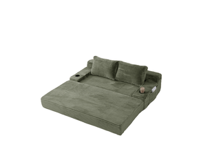 Canapé familial, avec couchage d'appoint, avec porte-gobelets, avec coussins, avec poches latérales, en velours côtelé, coloris vert